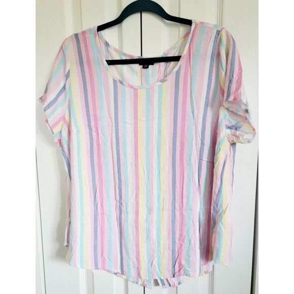 Torrid 00 Short Sleeve Blouse Vettical Striped Rear Button Pink Multi Scoop Neck - Picture 1 of 7